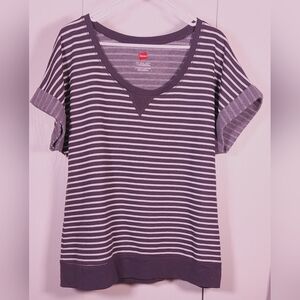Hanes Striped French Terry Dolman Short Rolled Sleeve Shirt Size XL Casual Top